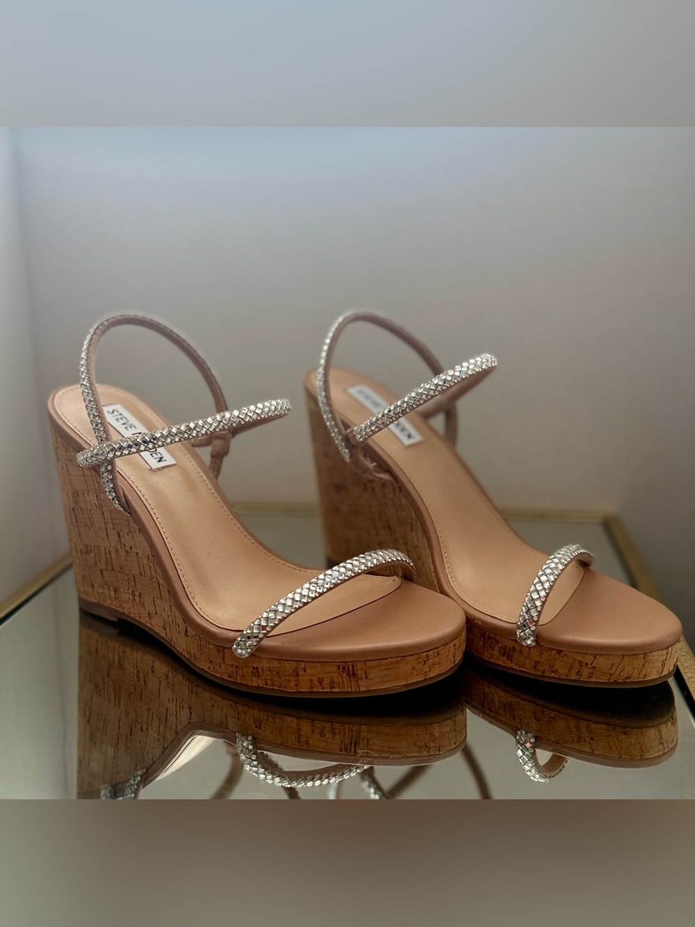 Steve Madden Nude Blush Cork Wedge Sandals with Rhinestone Straps